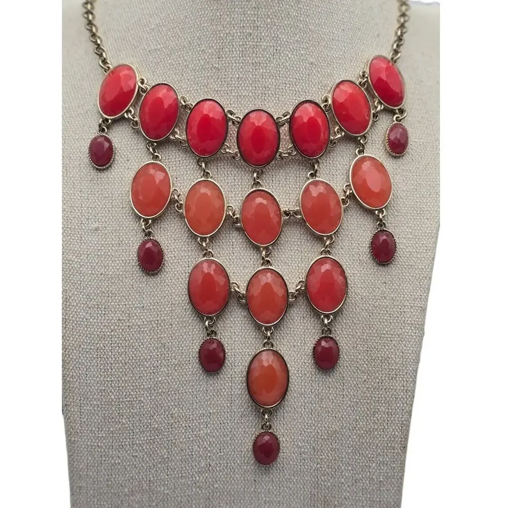 Coral Red Cabochon Necklace Gold Tone Cascading Elegant Glam
